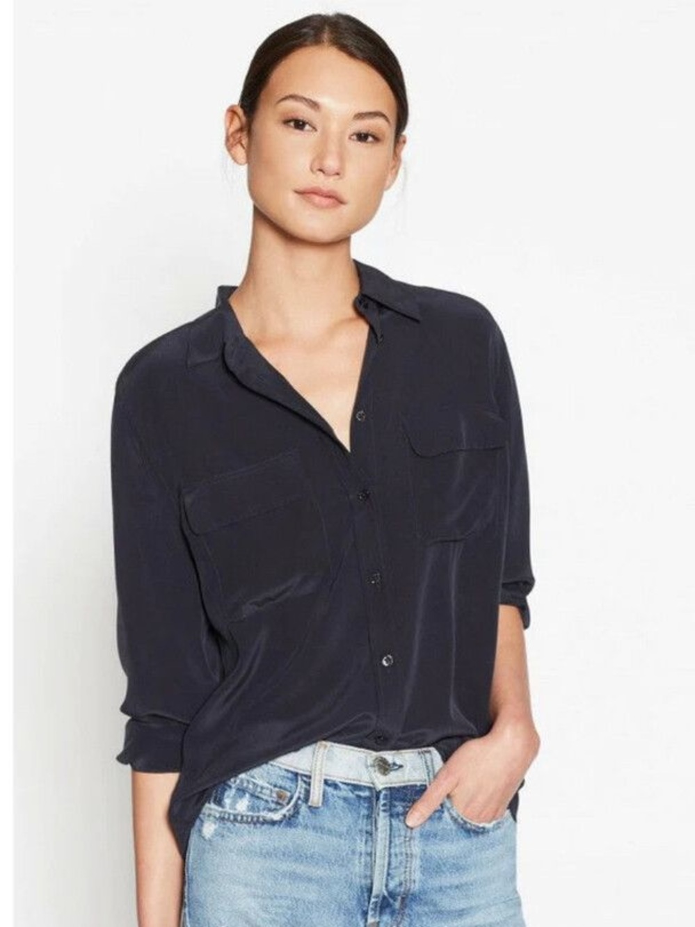 EQUIPMENT FEMME BLACK SILK LONG SLEEVE BUTTON DOWN TOP SIZE S